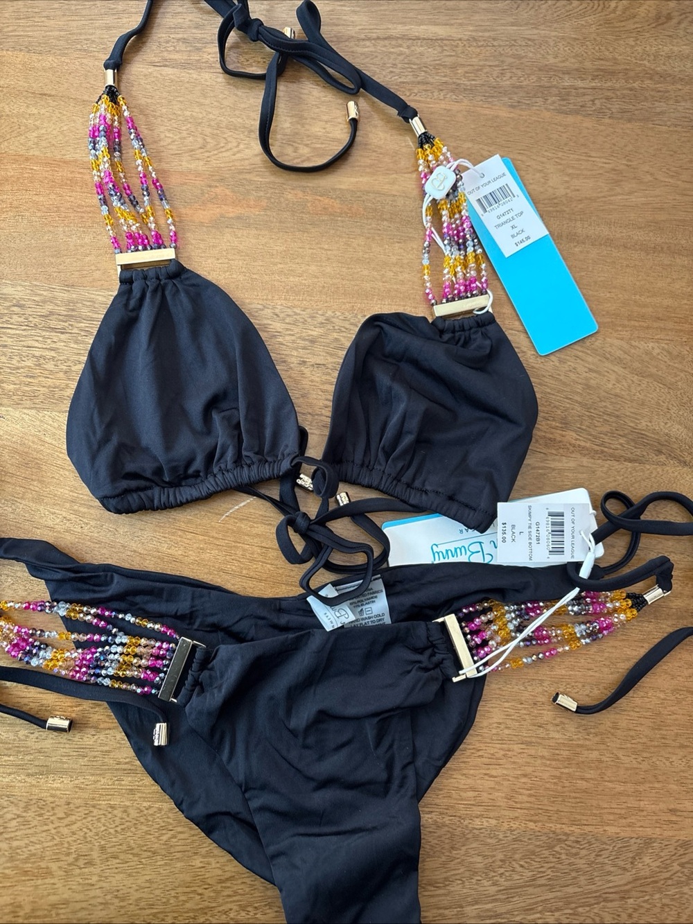 Beach Bunny Black Bikini with Pink, Yellow & Gold Beaded Accents